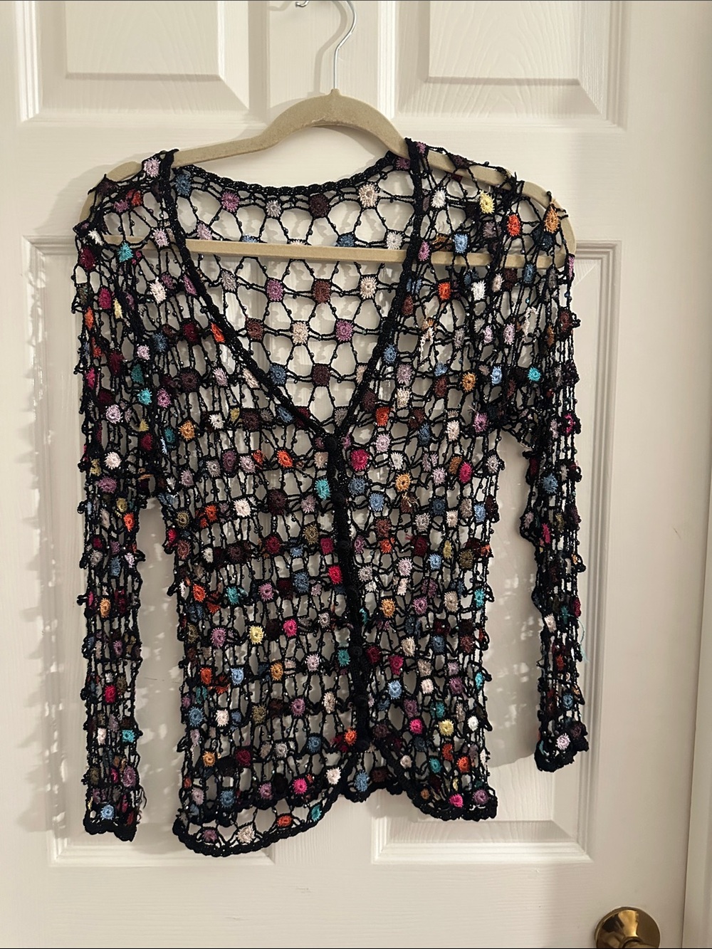 Black Crochet Mesh Cardigan with Multicolor Accents